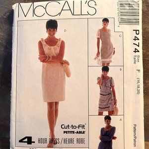 McCalls Pattern Sz 16-20 MISSES DRESS Petite-Able Sleeves Less Roses Vtg NEW